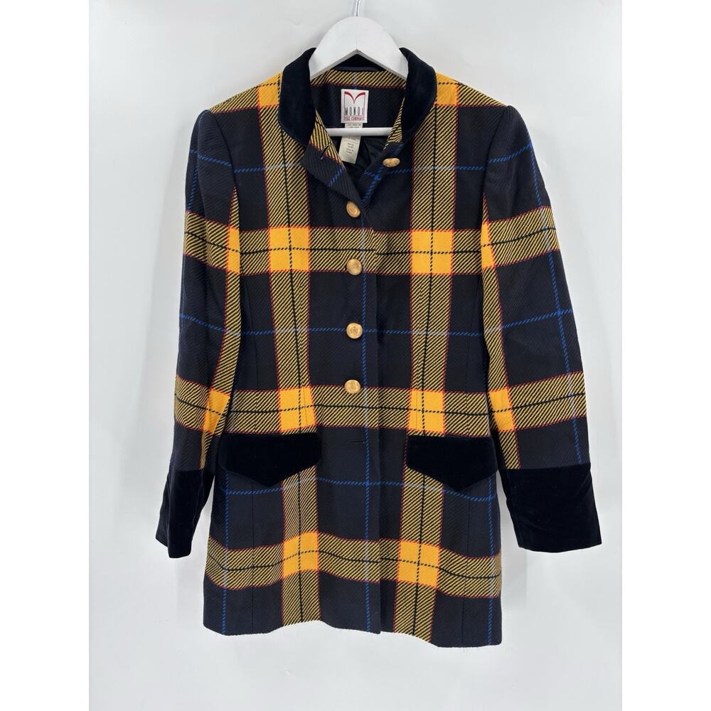 Vintage Mondi Blazer Womens Small Blue Yellow Plaid Velvet Buttons 1980s Knit
